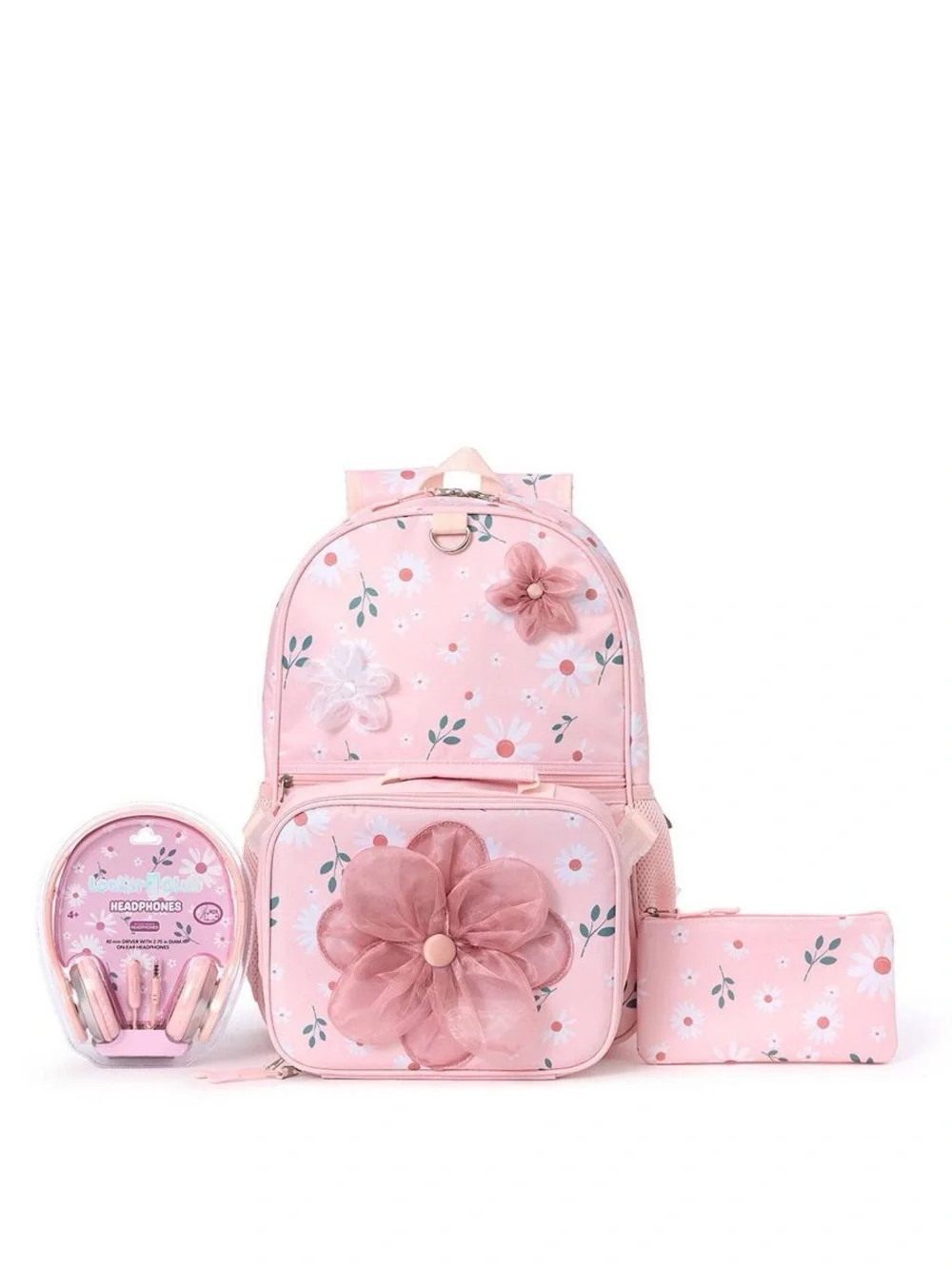Girls Stylish Floral School Set: Backpack, Pouch, Lunch Bag, and Headphones T1